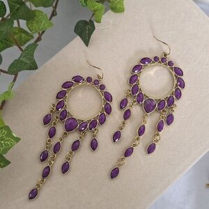 Gold and Purple Chandalier Dangle Statement Earrings